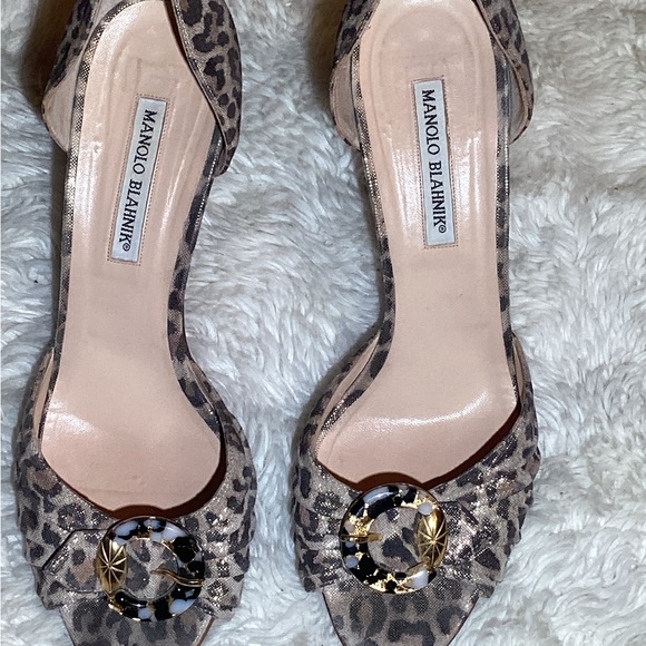 Manolo Blahnik Sedaraby Metallic Leopard Print D'Orsay Peep Toe Heel Size 10.5 - Picture 6 of 6